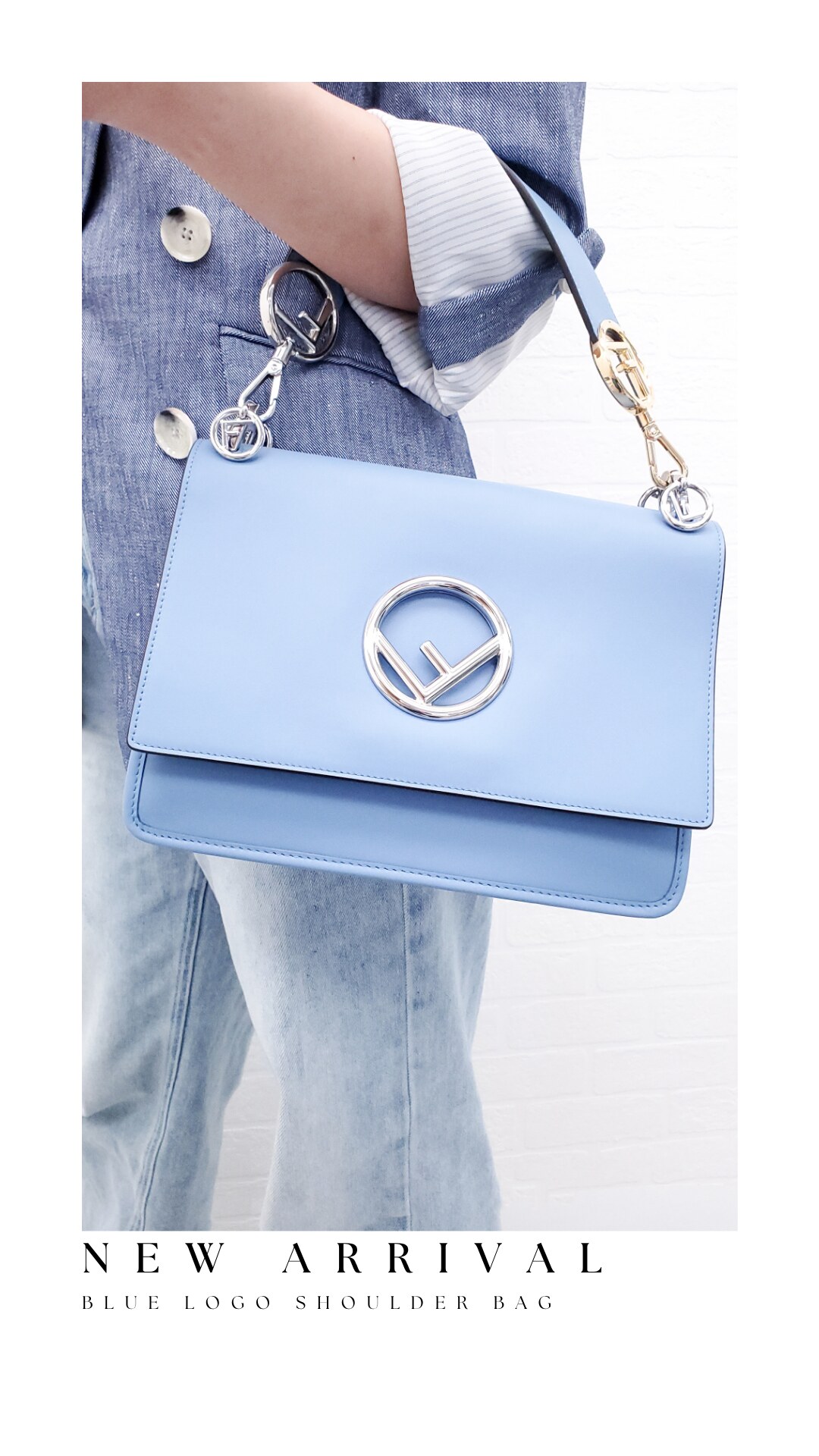 Blue Fendi shoulder bag photographed and designed for a Rewind new-arrival Story