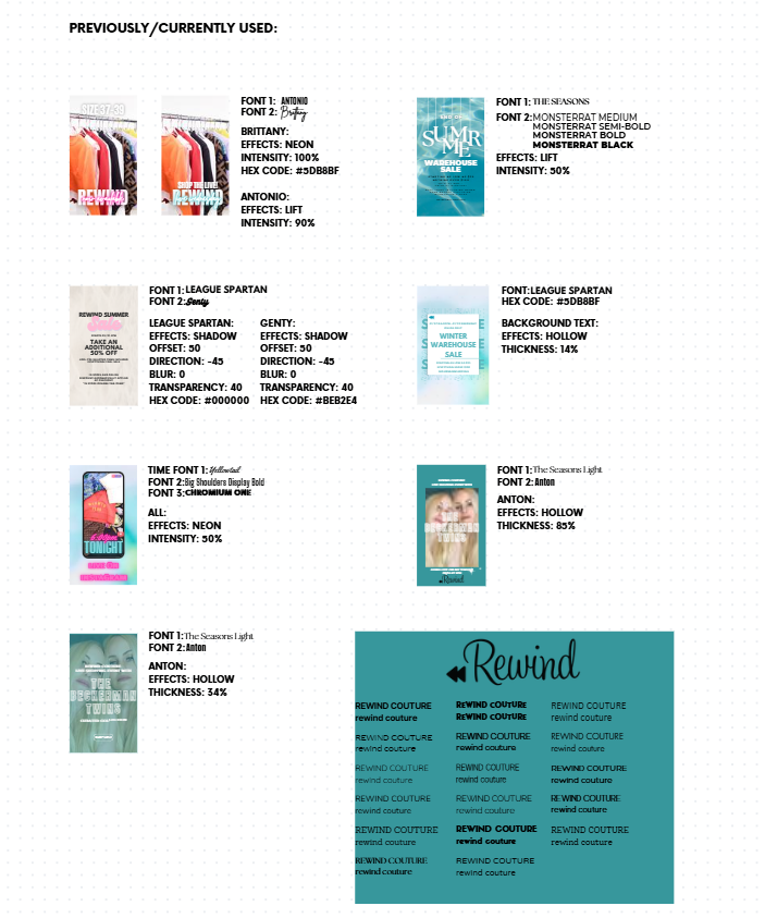 Rewind visual system audit documenting typography, colours and effects